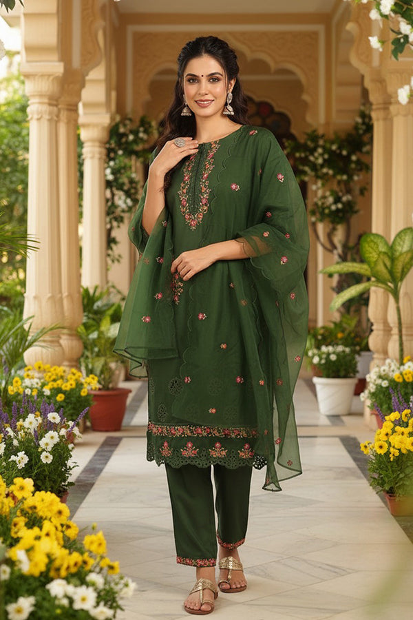 Green Silk Blend Solid Embroidered Straight Trouser Bottom Suit Set PKSKD2635