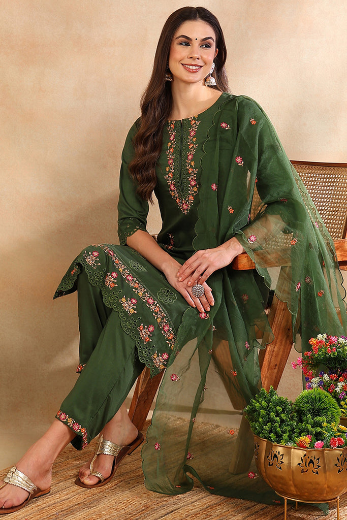 Green Silk Blend Solid Embroidered Straight Trouser Bottom Suit Set PKSKD2635