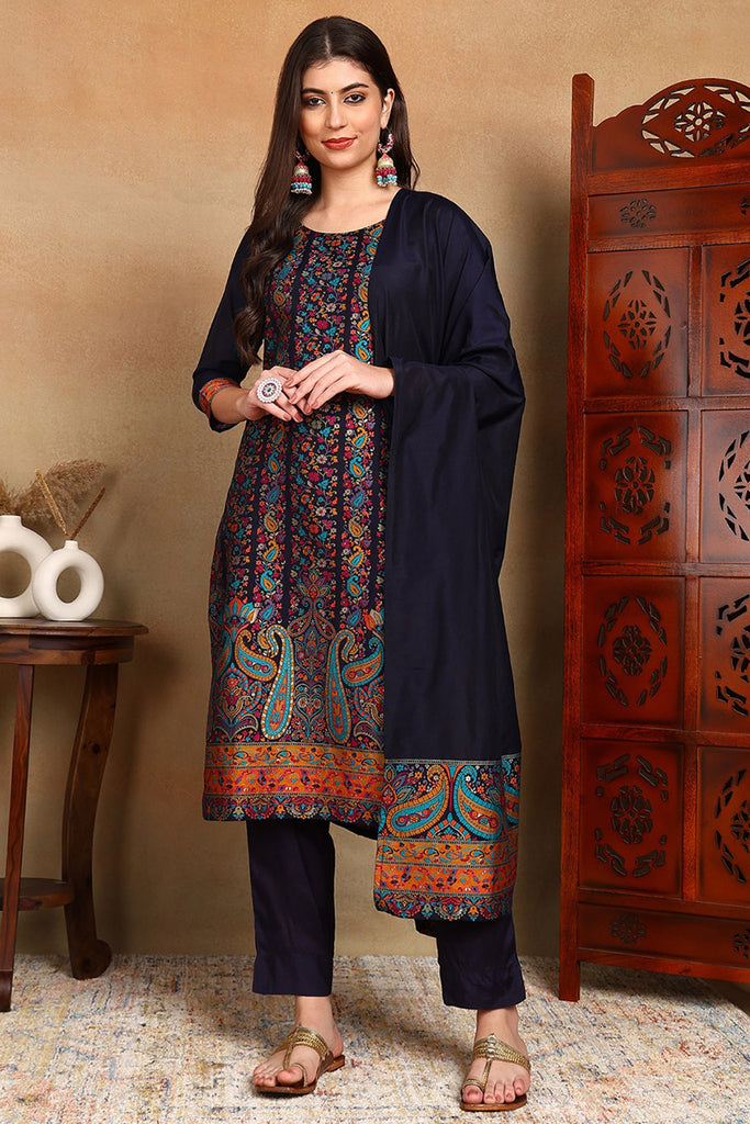 Navy Blue Chanderi Woven Design Straight Trouser Bottom Suit Set PKSKD2636