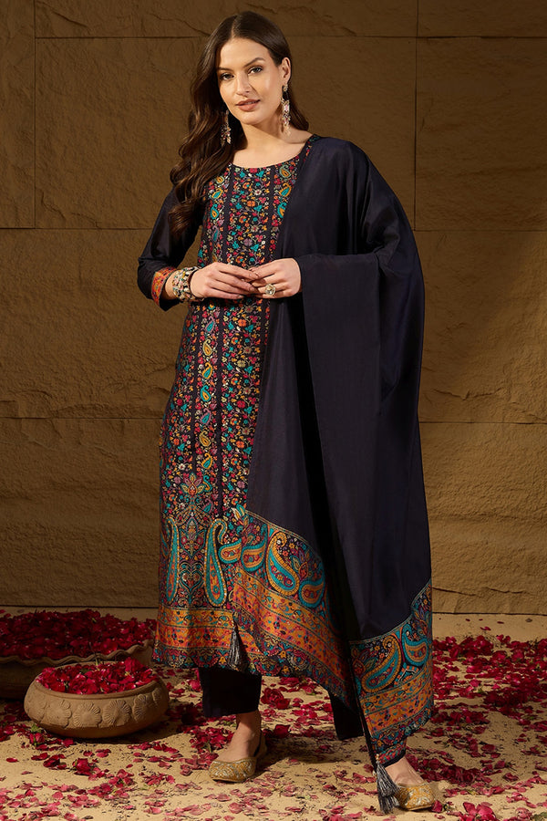 Navy Blue Chanderi Woven Design Straight Trouser Bottom Suit Set PKSKD2636