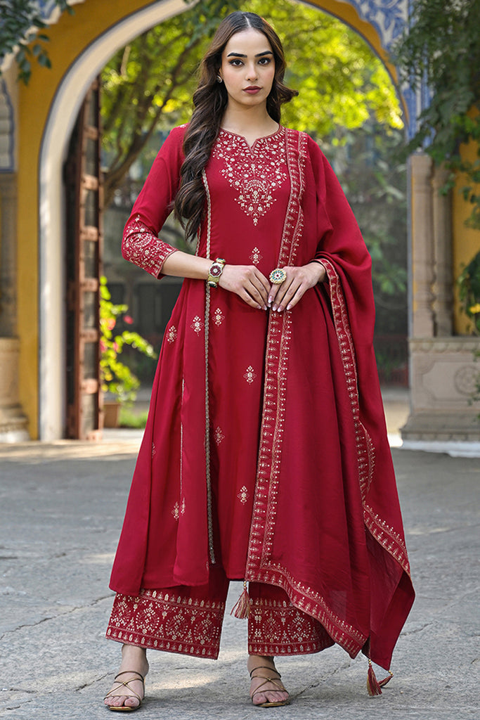 Red Silk Blend Solid Embroidered A-Line Palazzo Suit Set PKSKD2644