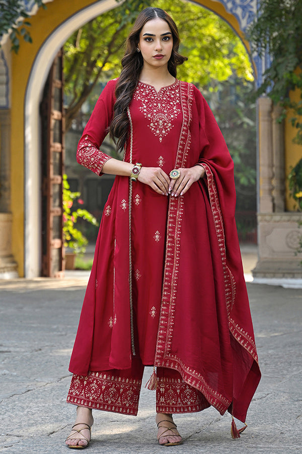 Red Silk Blend Solid Embroidered A-Line Palazzo Suit Set PKSKD2644