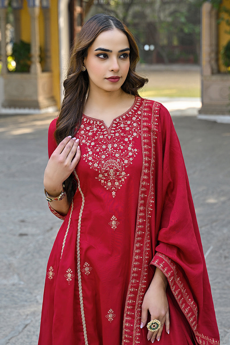 Red Silk Blend Solid Embroidered A-Line Palazzo Suit Set PKSKD2644