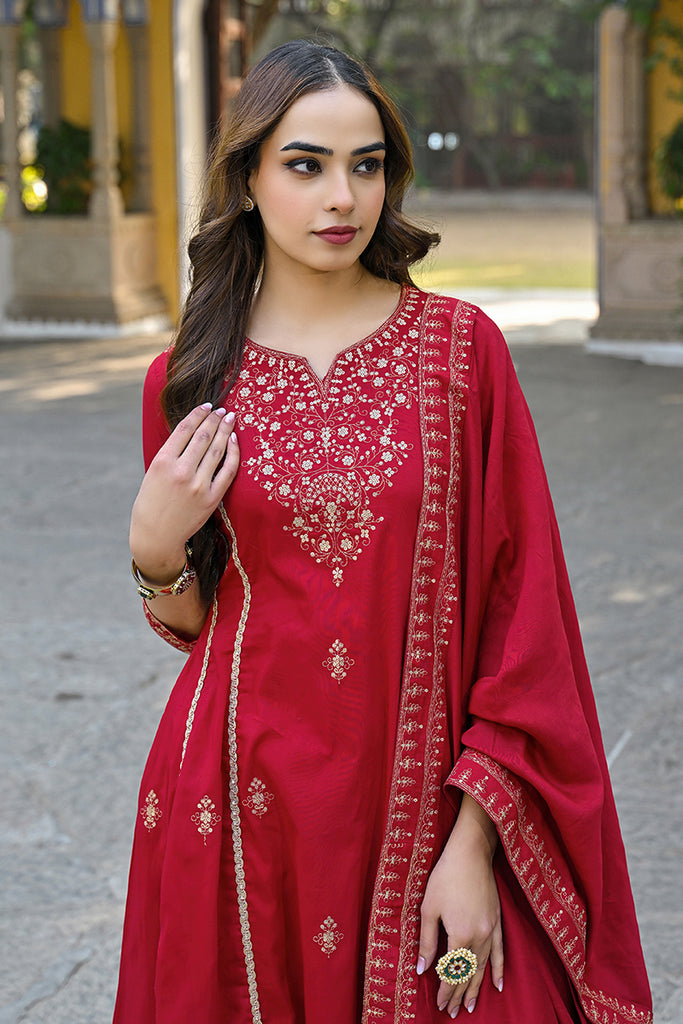 Red Silk Blend Solid Embroidered A-Line Palazzo Suit Set PKSKD2644