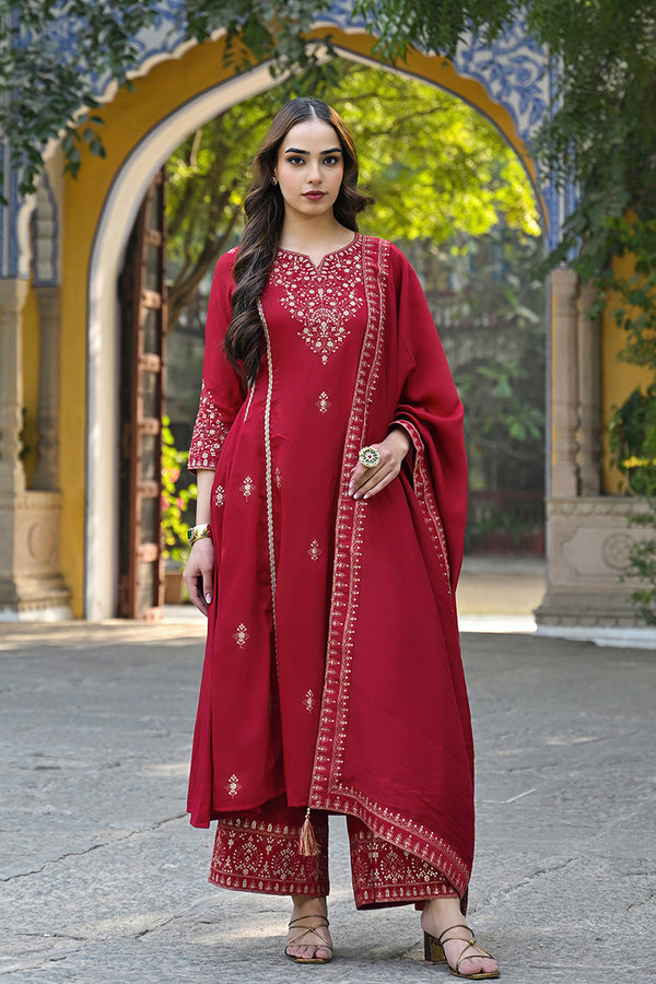 Red Silk Blend Solid Embroidered A-Line Palazzo Suit Set PKSKD2644