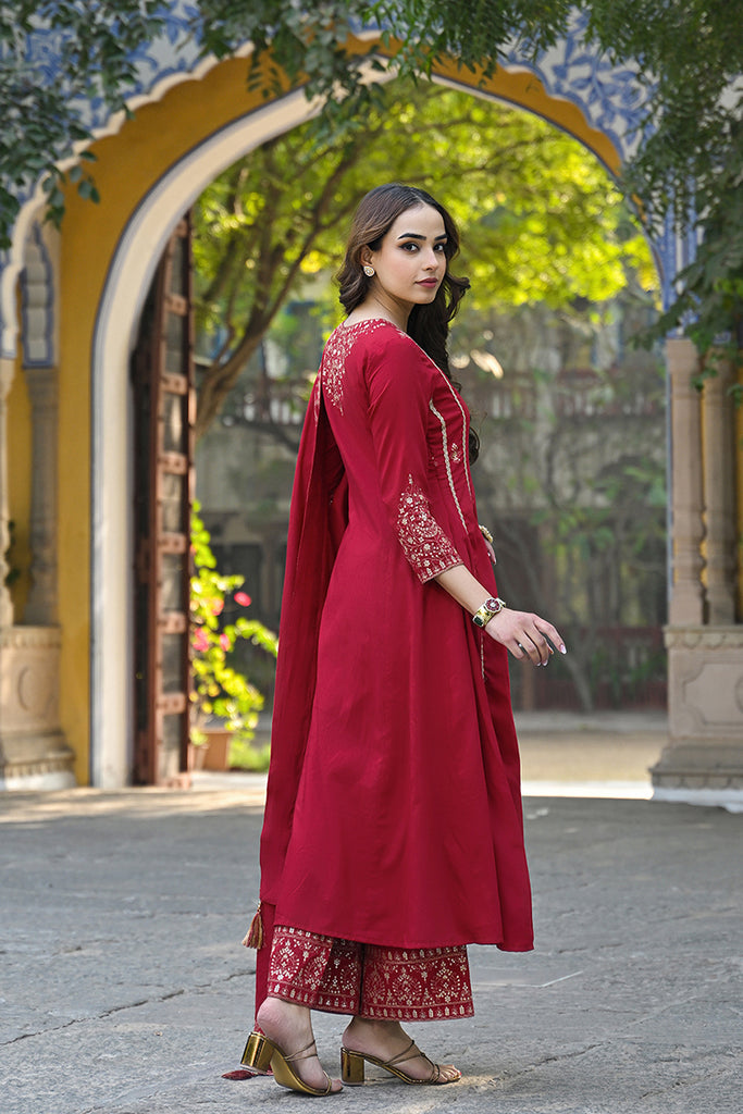 Red Silk Blend Solid Embroidered A-Line Palazzo Suit Set PKSKD2644