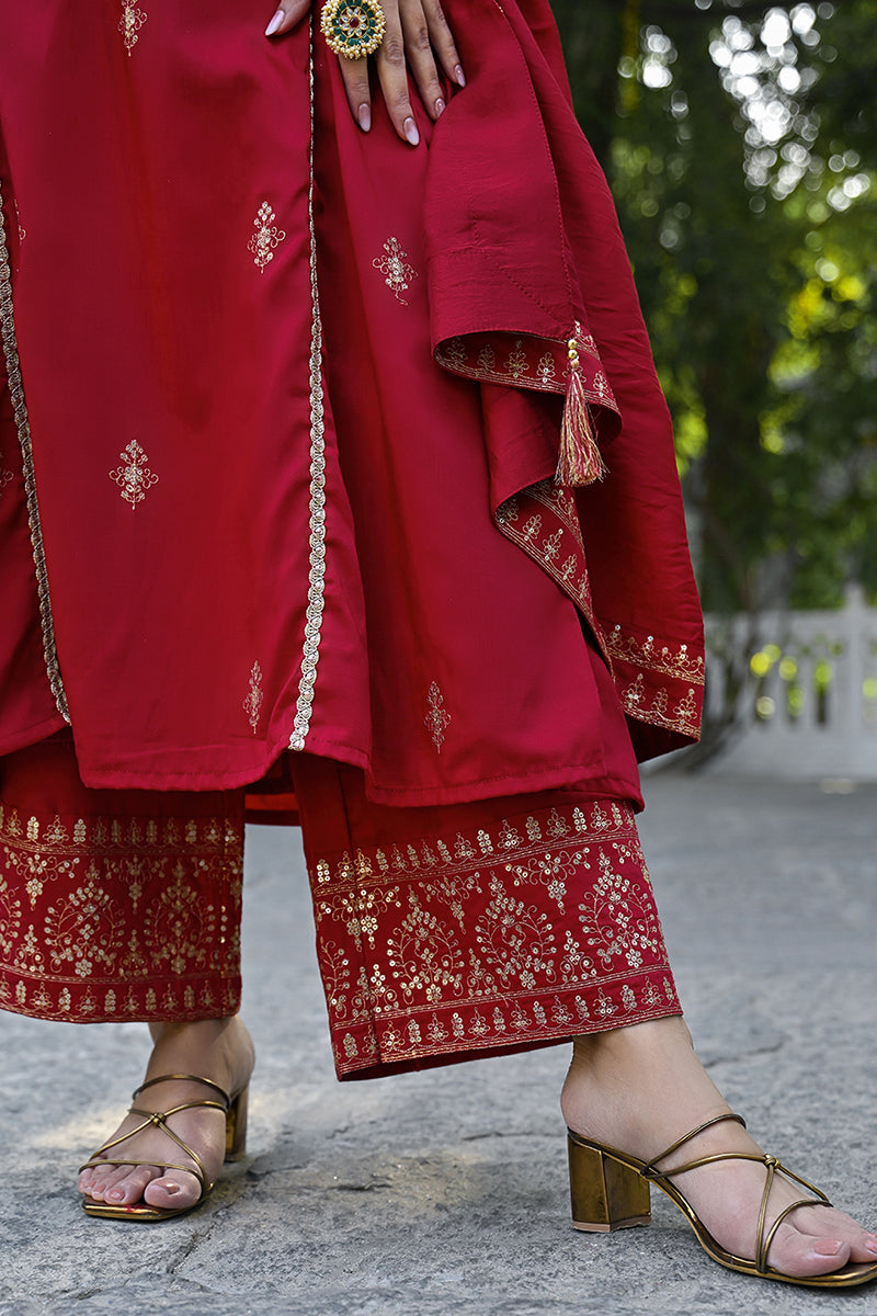Red Silk Blend Solid Embroidered A-Line Palazzo Suit Set PKSKD2644