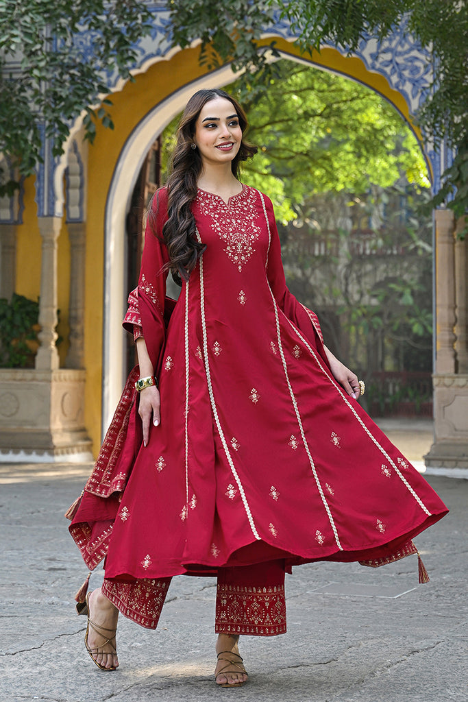 Red Silk Blend Solid Embroidered A-Line Palazzo Suit Set PKSKD2644
