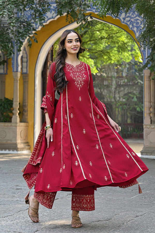 Red Silk Blend Solid Embroidered A-Line Palazzo Suit Set PKSKD2644