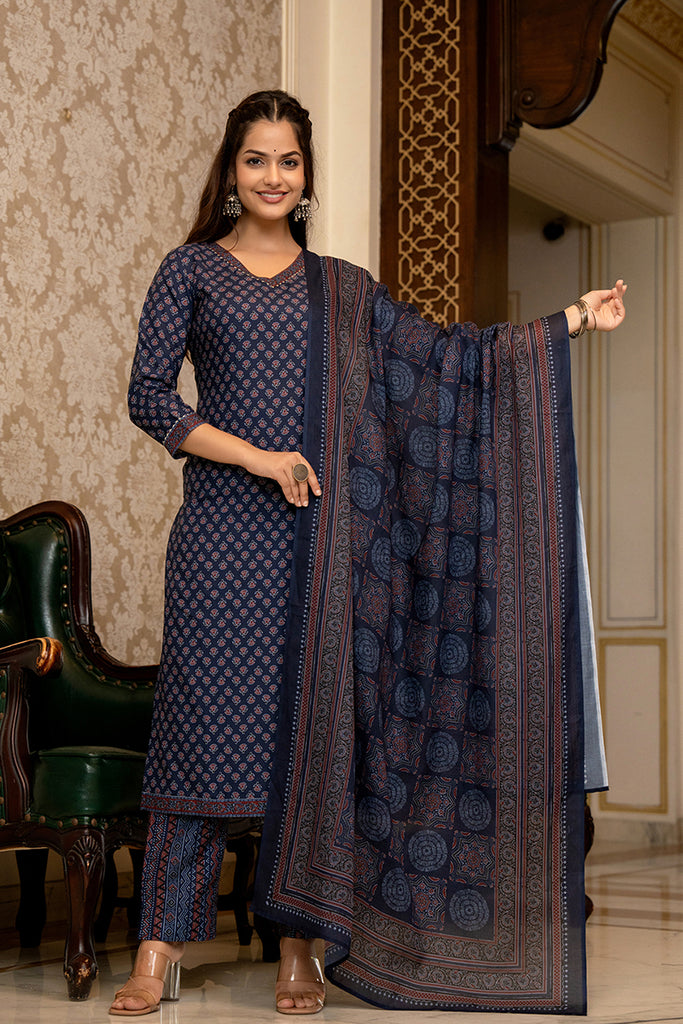 Navy Blue Rayon Blend Ajrakh Printed Straight Trouser Suit Set PKSKD2647