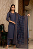 Navy Blue Rayon Blend Ajrakh Printed Straight Trouser Suit Set PKSKD2647