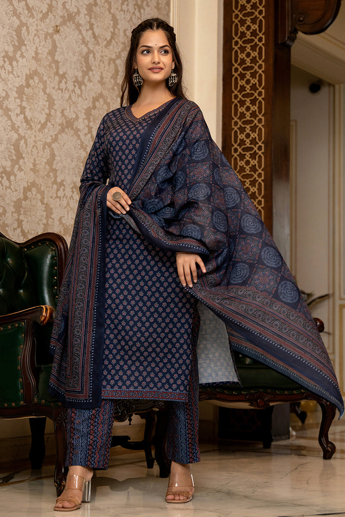 Navy Blue Rayon Blend Ajrakh Printed Straight Trouser Suit Set PKSKD2647