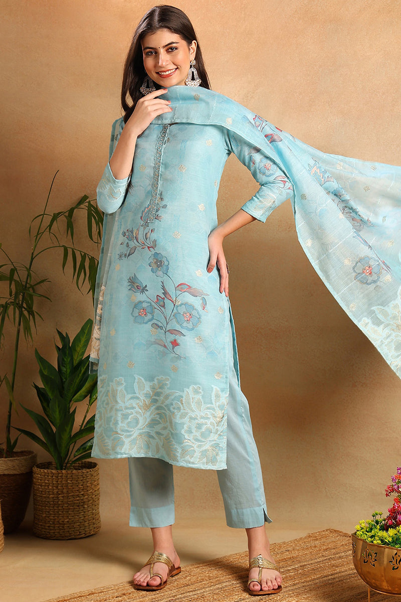 Blue Linen Blend Floral Woven Design Straight Trouser Suit Set PKSKD2649