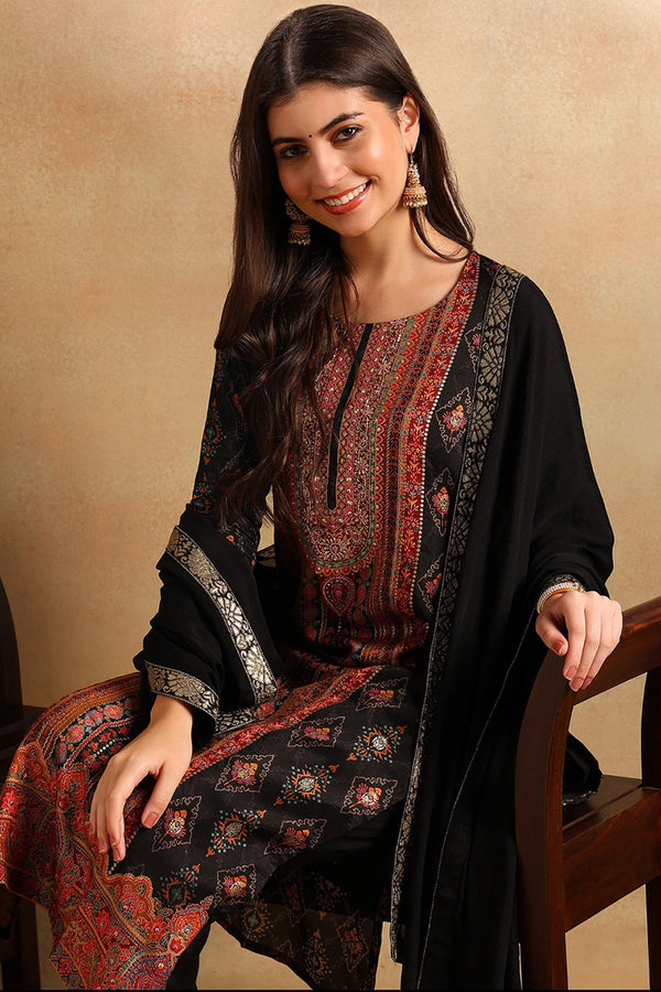 Black Silk Blend Ethnic Woven Design Straight Trouser Suit Set PKSKD2657