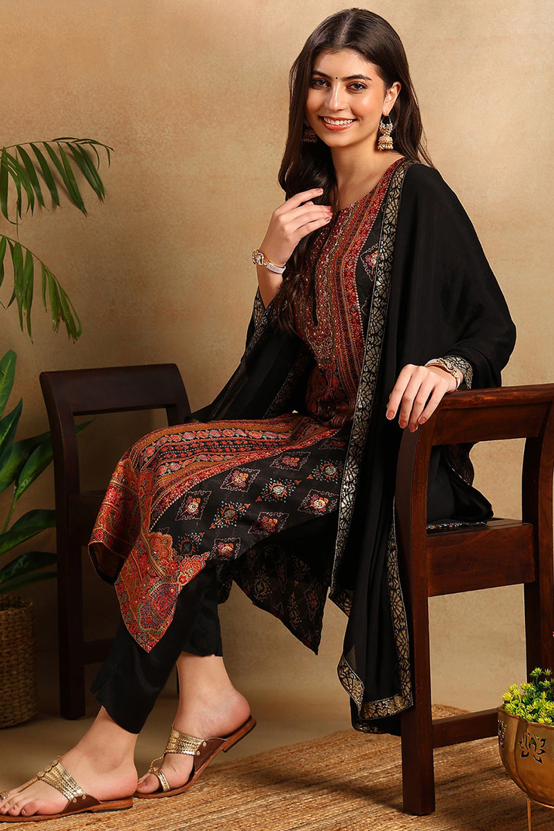 Black Silk Blend Ethnic Woven Design Straight Trouser Suit Set PKSKD2657