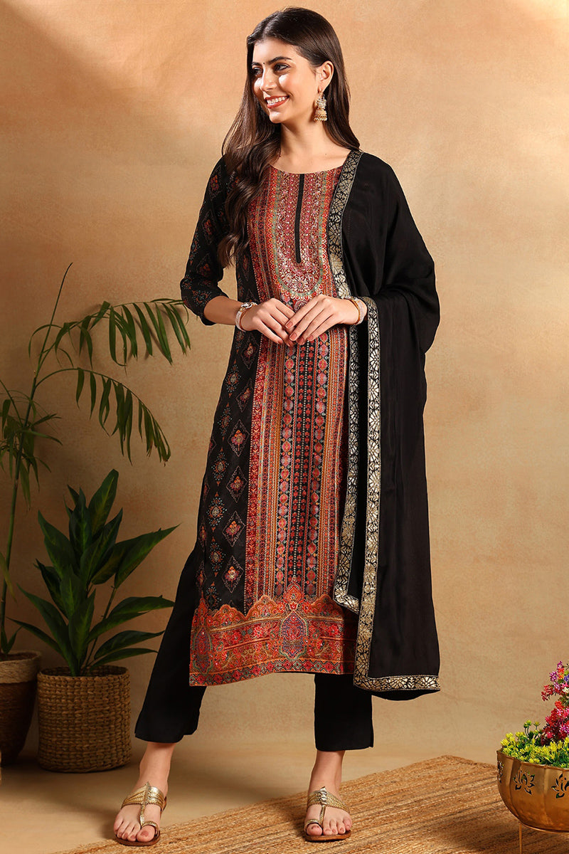 Black Silk Blend Ethnic Woven Design Straight Trouser Suit Set PKSKD2657