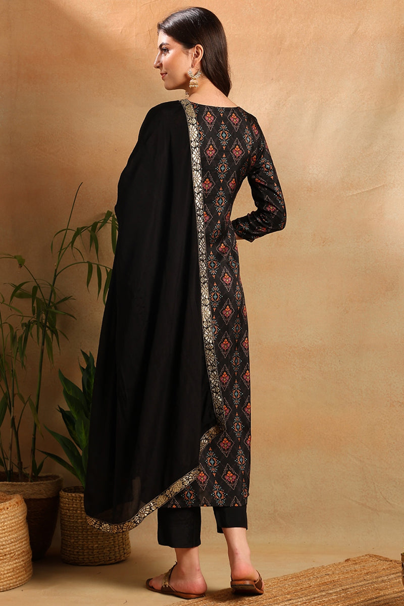 Black Silk Blend Ethnic Woven Design Straight Trouser Suit Set PKSKD2657