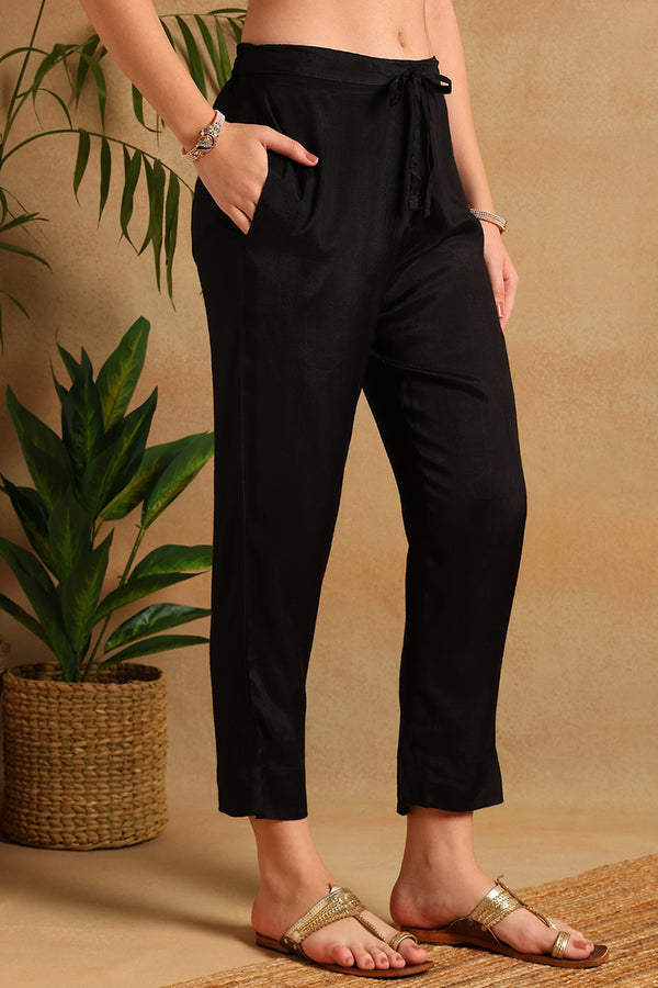 Black Silk Blend Ethnic Woven Design Straight Trouser Suit Set PKSKD2657