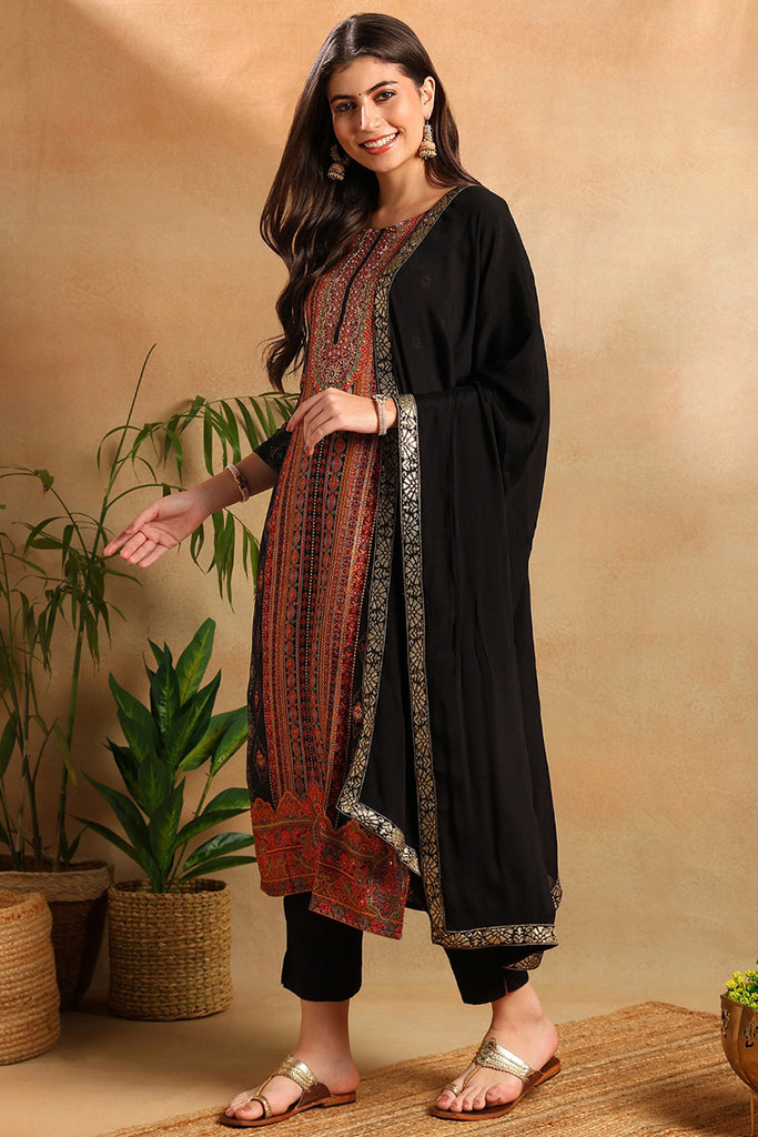 Black Silk Blend Ethnic Woven Design Straight Trouser Suit Set PKSKD2657