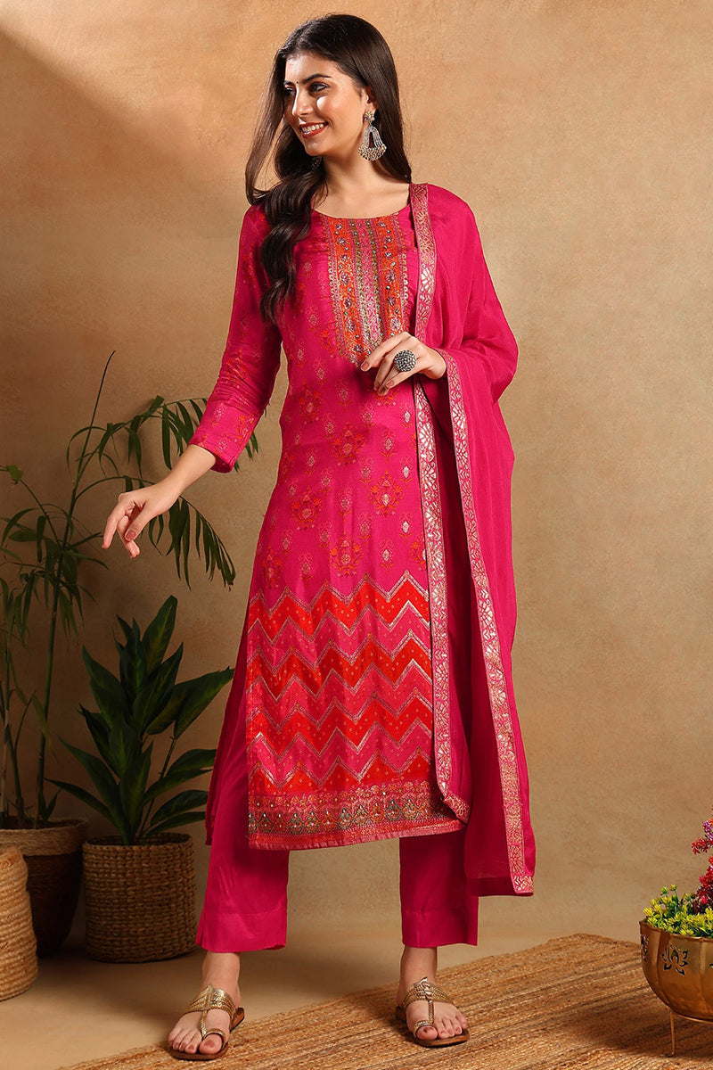 Pink Silk Ethnic Motifs Woven Design Straight Kurta Trousers With Dupatta PKSKD2658
