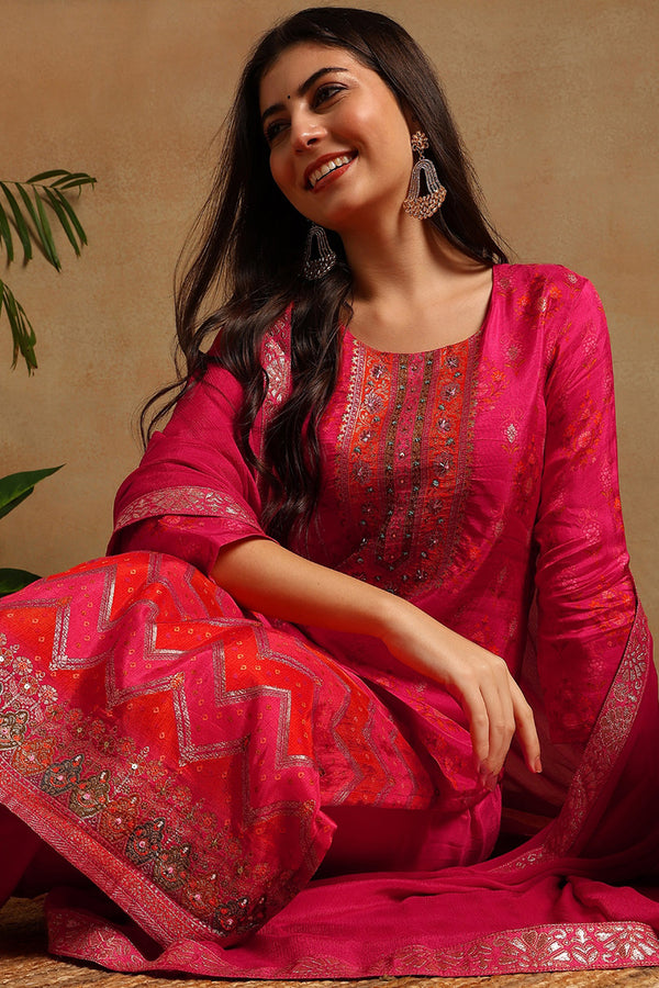 Pink Silk Ethnic Motifs Woven Design Straight Kurta Trousers With Dupatta PKSKD2658