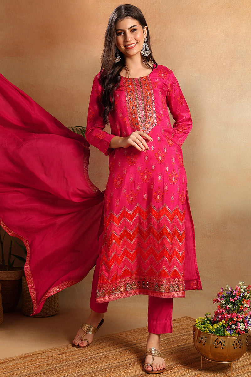 Pink Silk Ethnic Motifs Woven Design Straight Kurta Trousers With Dupatta PKSKD2658