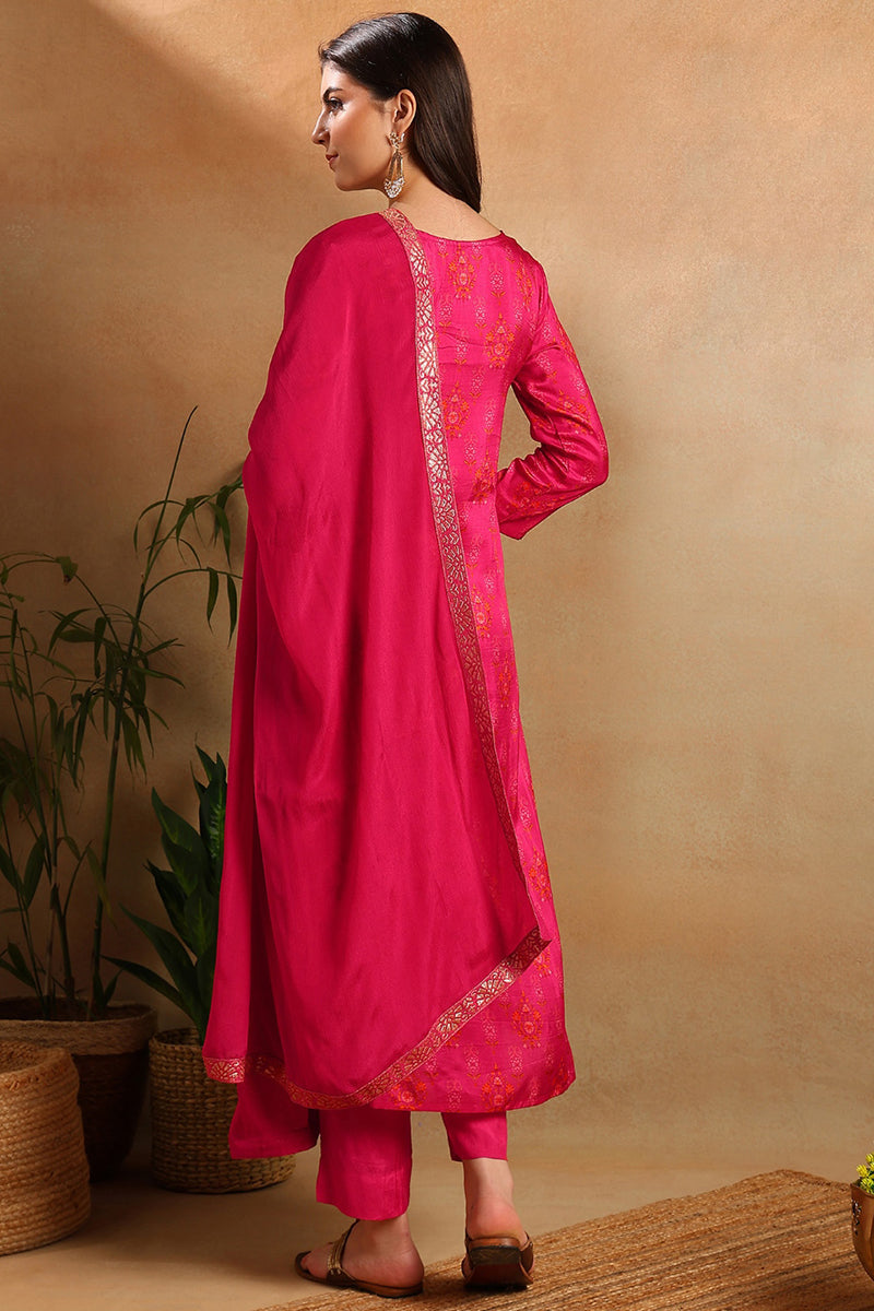 Pink Silk Ethnic Motifs Woven Design Straight Kurta Trousers With Dupatta PKSKD2658