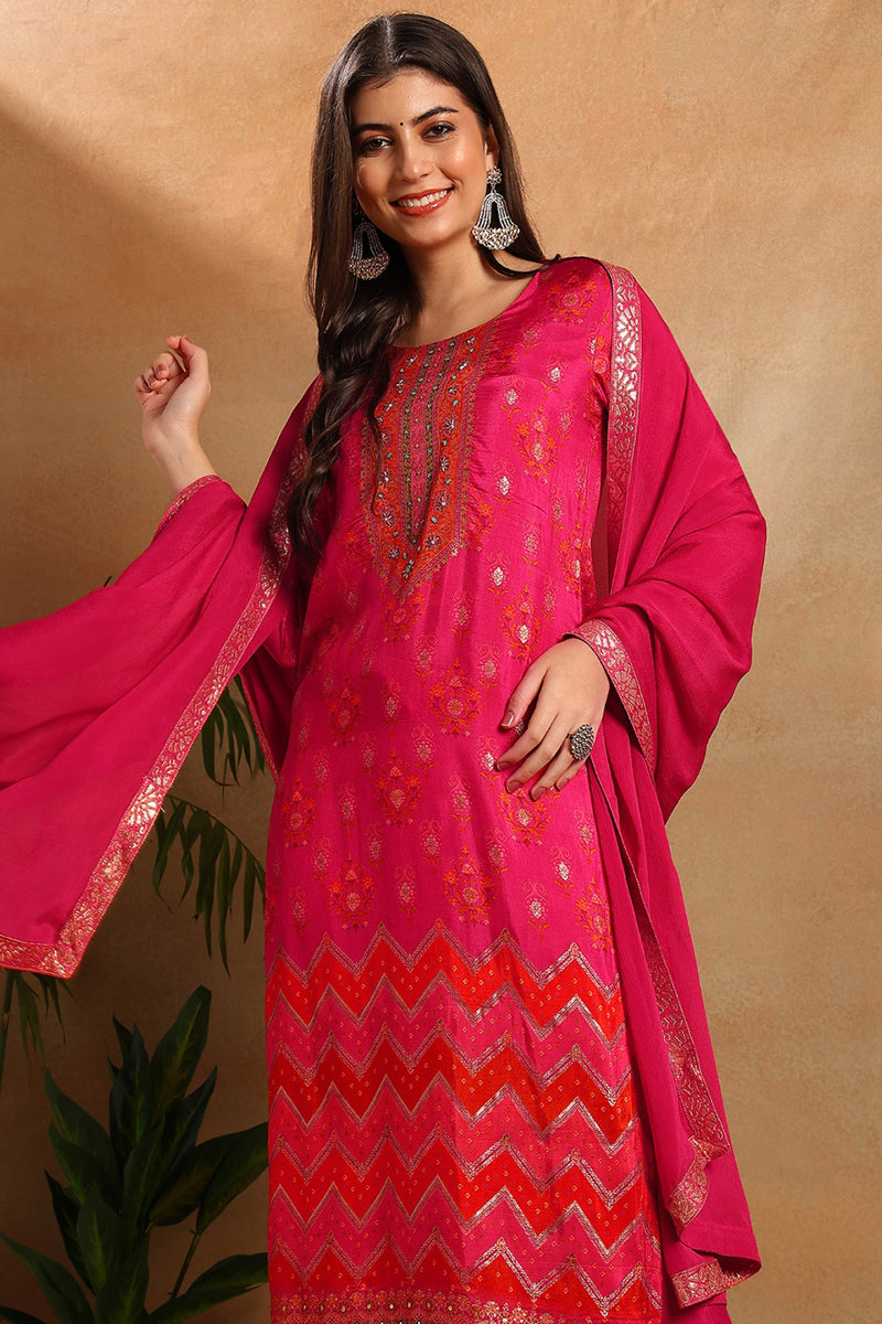 Pink Silk Ethnic Motifs Woven Design Straight Kurta Trousers With Dupatta PKSKD2658