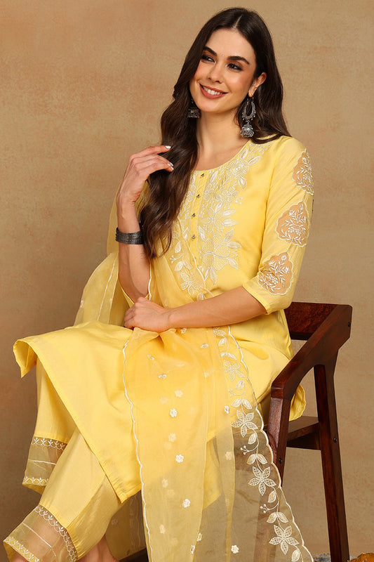 Yellow Silk Blend Solid Embroidered Straight Kurta Trouser And Dupatta SETPKSKD2663 (M To 3XL Set)