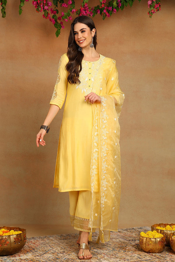 Yellow Silk Blend Solid Embroidered Straight Kurta Trouser And Dupatta SETPKSKD2663 (M To 3XL Set)
