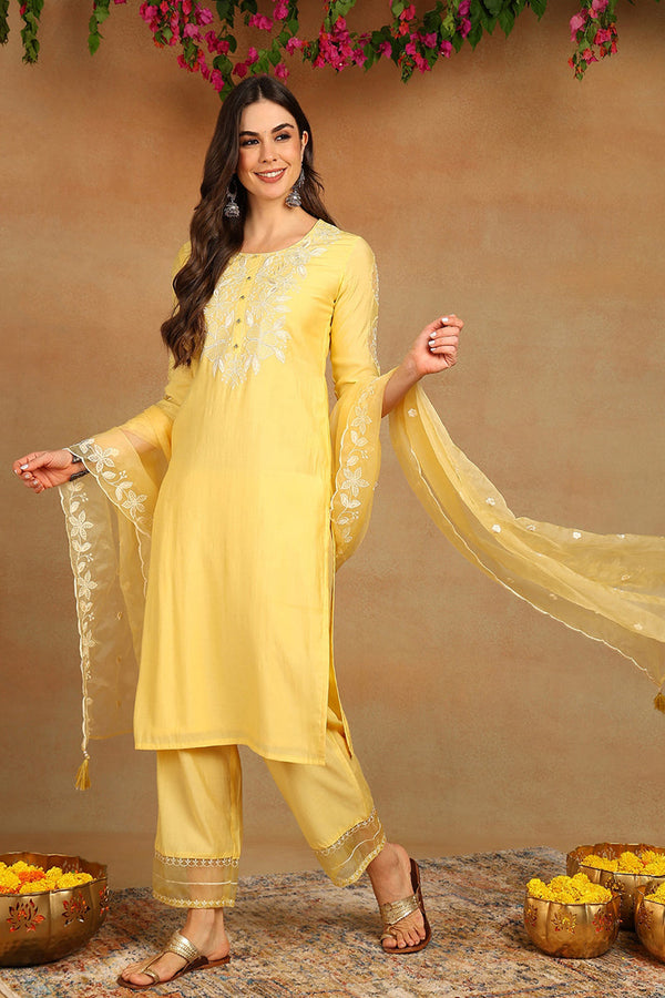 Yellow Silk Blend Solid Embroidered Straight Kurta Trouser And Dupatta SETPKSKD2663 (M To 3XL Set)