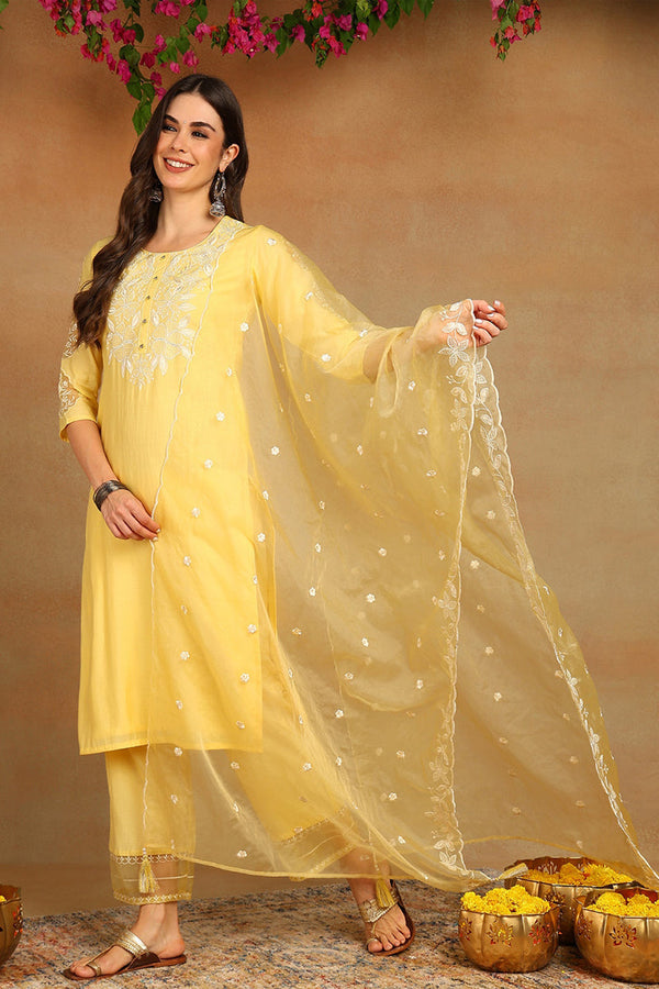 Yellow Silk Blend Solid Embroidered Straight Kurta Trouser And Dupatta SETPKSKD2663 (M To 3XL Set)
