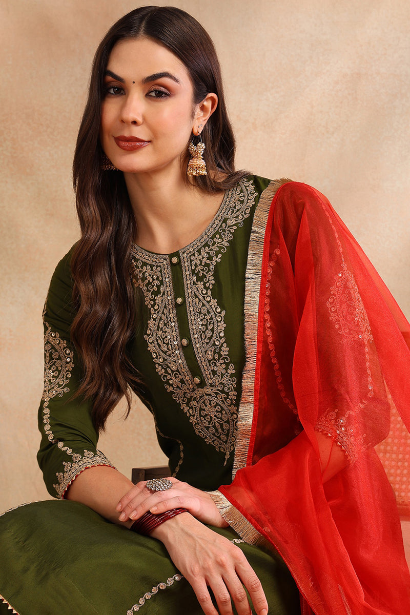 Olive Silk Blend Solid Embroidered A-Line Salwar Bottom Suit Set PKSKD2664