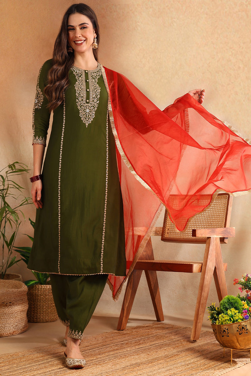 Olive Silk Blend Solid Embroidered A-Line Salwar Bottom Suit Set PKSKD2664