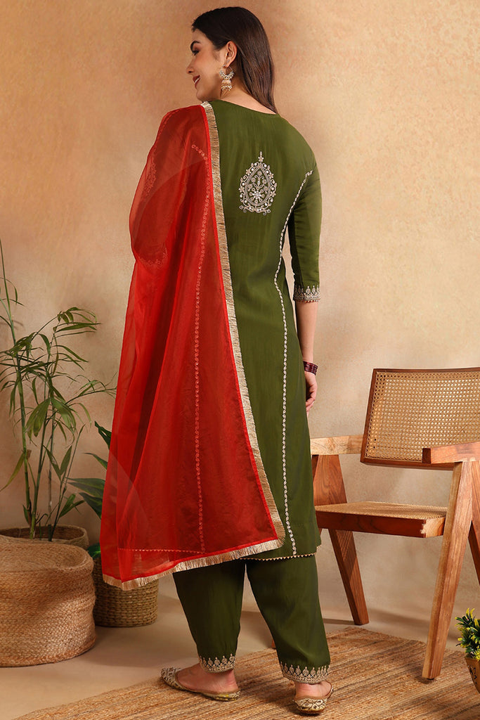 Olive Silk Blend Solid Embroidered A-Line Salwar Bottom Suit Set PKSKD2664