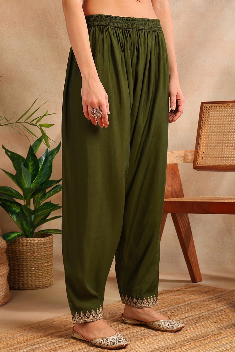 Olive Silk Blend Solid Embroidered A-Line Salwar Bottom Suit Set PKSKD2664