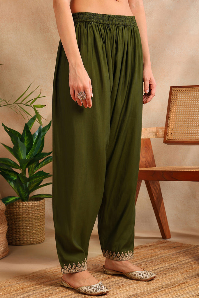 Olive Silk Blend Solid Embroidered A-Line Salwar Bottom Suit Set PKSKD2664