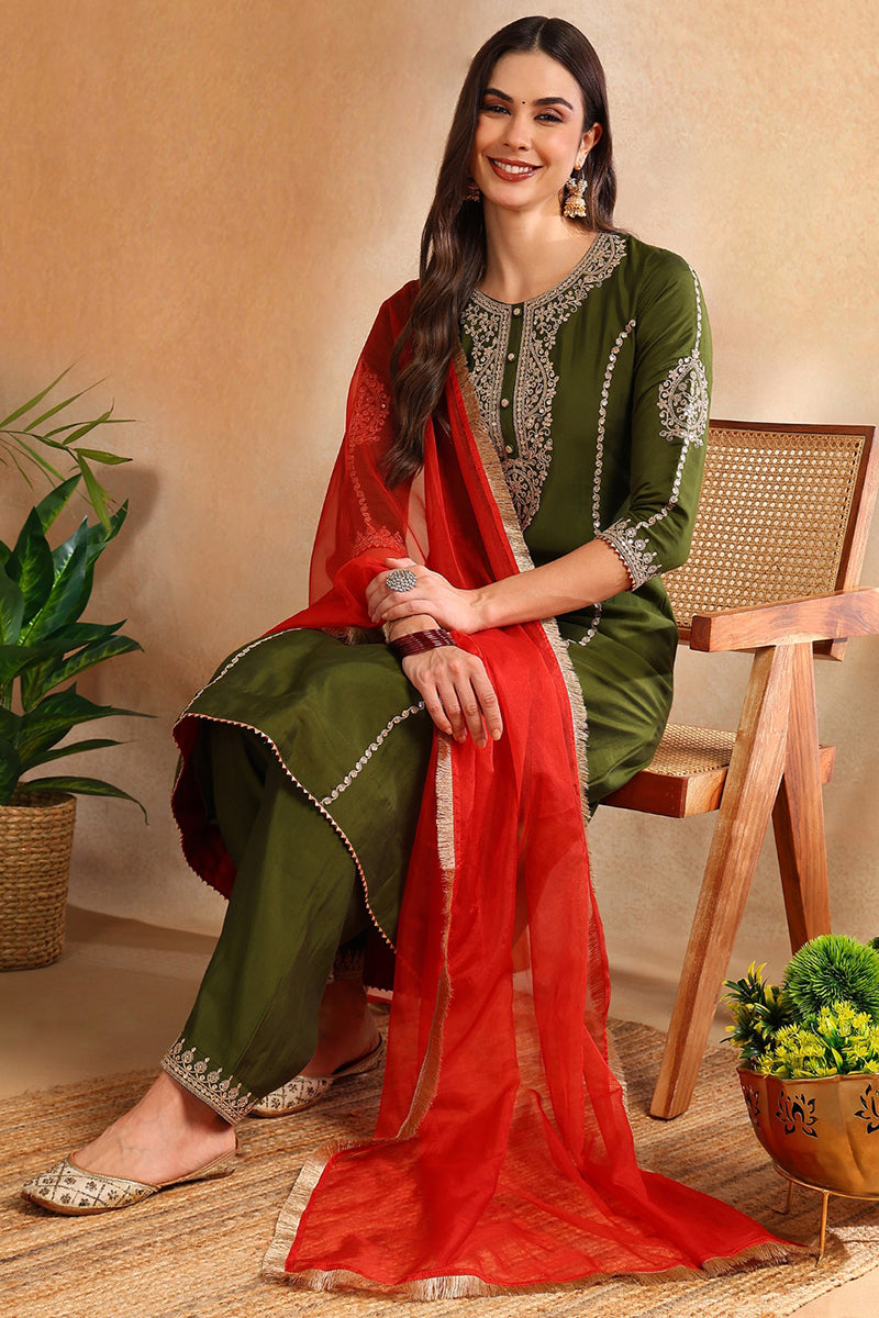 Olive Silk Blend Solid Embroidered A-Line Salwar Bottom Suit Set PKSKD2664