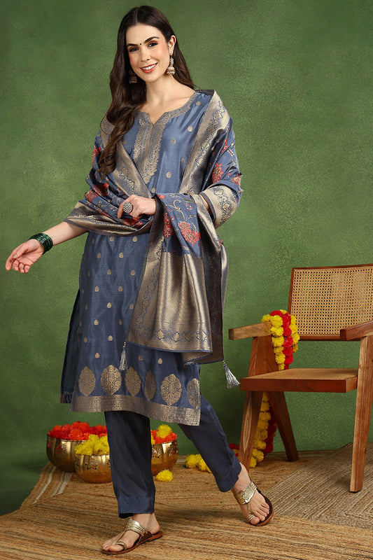 Blue Chanderi Solid Woven Design Straight Suit Set With Trouser Bottom PKSKD2677