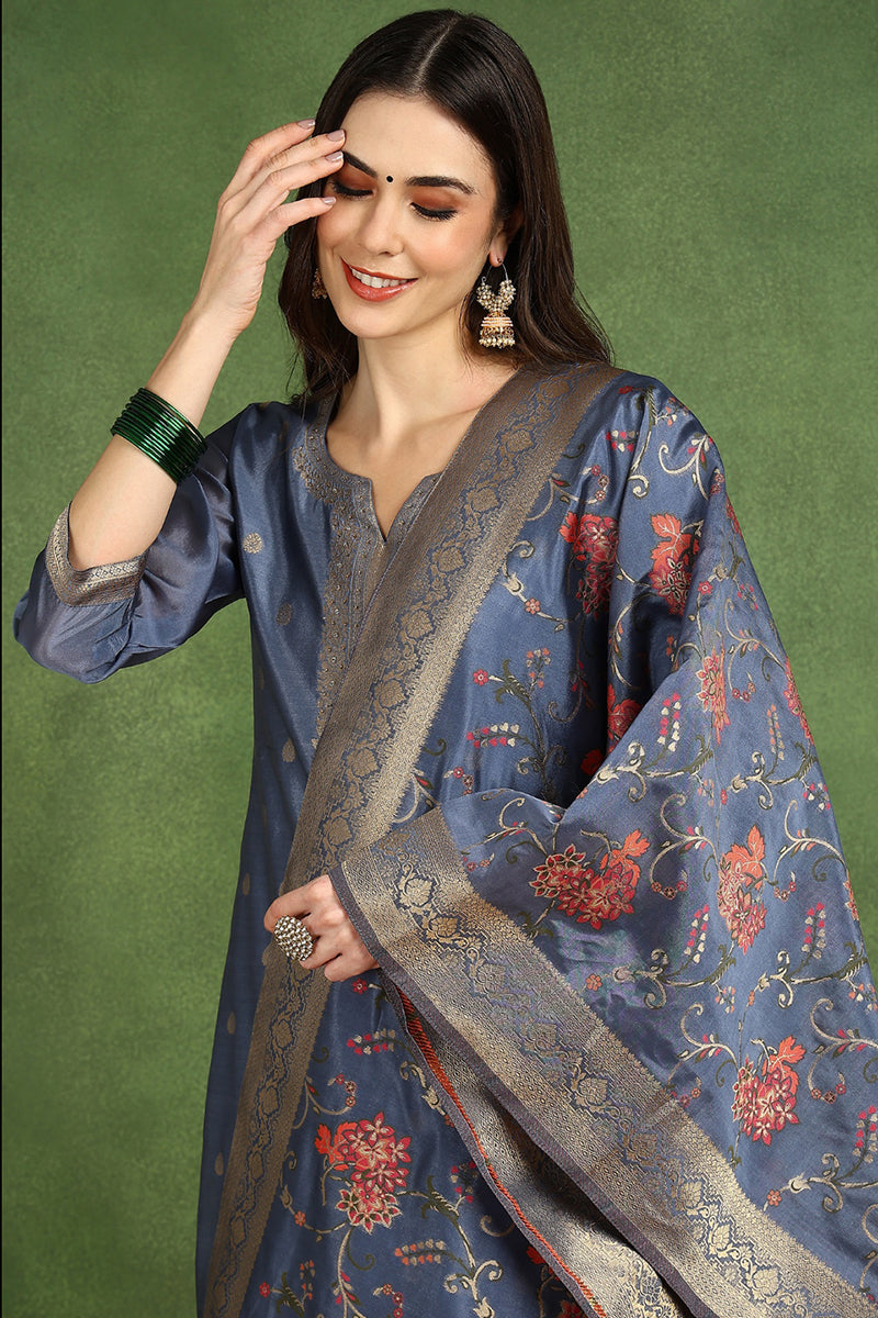 Blue Chanderi Solid Woven Design Straight Suit Set With Trouser Bottom PKSKD2677