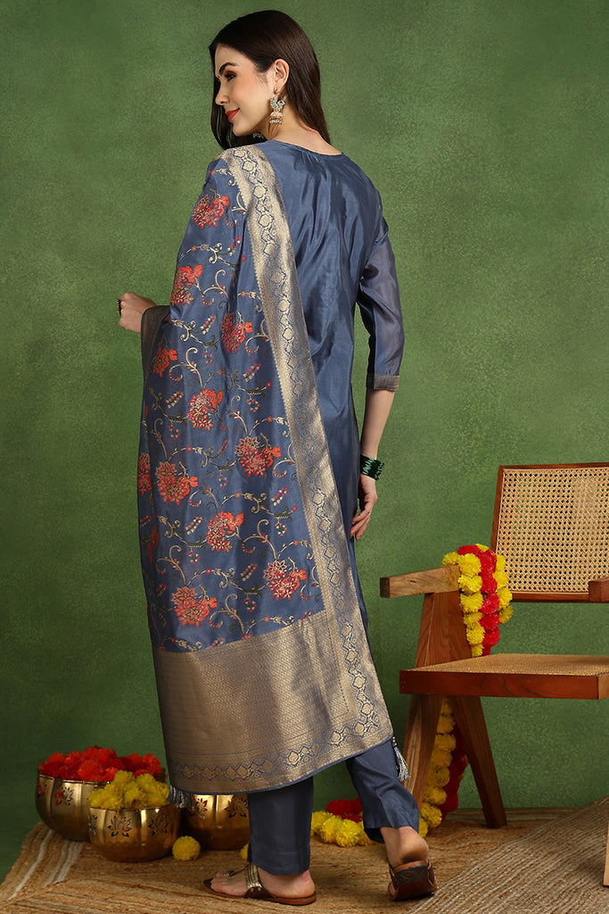 Blue Chanderi Solid Woven Design Straight Suit Set With Trouser Bottom PKSKD2677