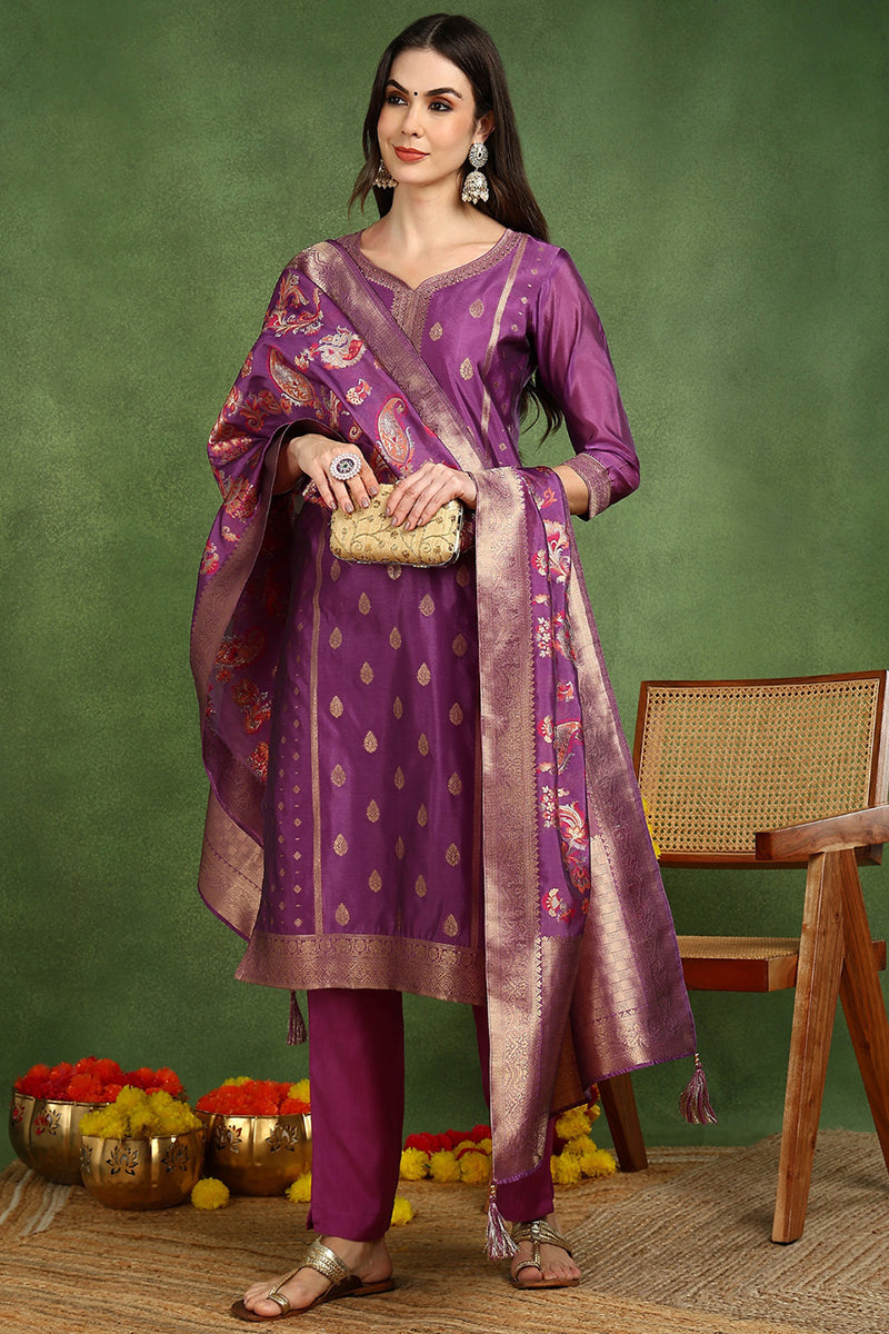 Purple Poly Chanderi Solid Woven Design Straight Suit Set PKSKD2678