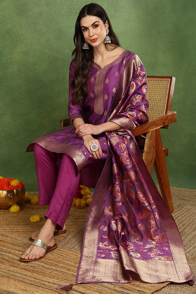 Purple Poly Chanderi Solid Woven Design Straight Suit Set PKSKD2678