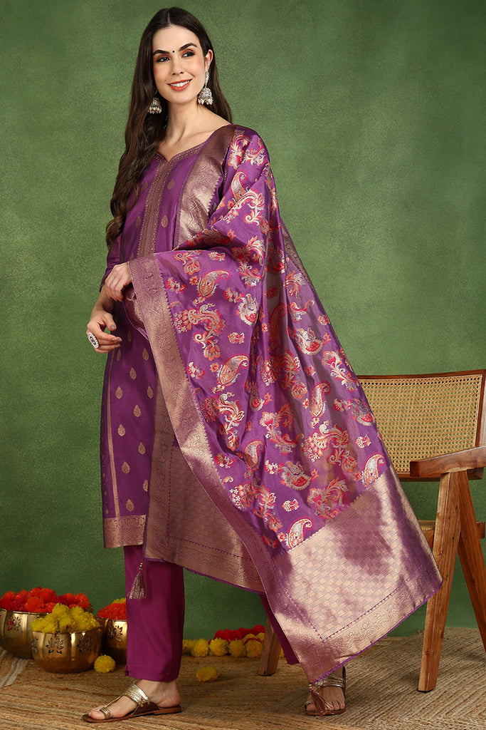 Purple Poly Chanderi Solid Woven Design Straight Suit Set PKSKD2678