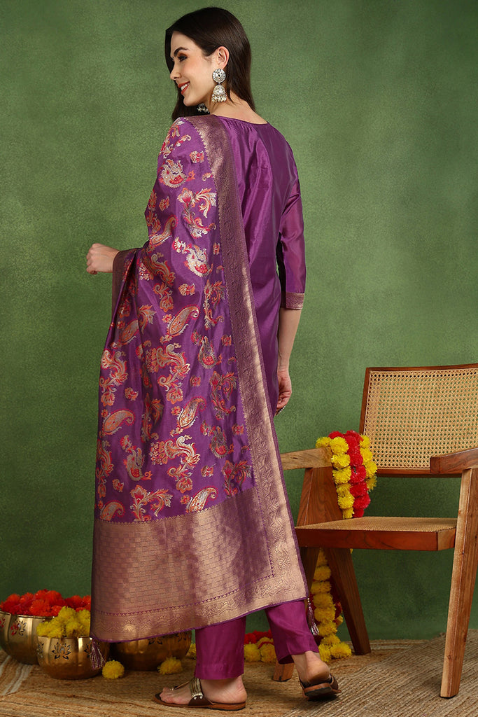 Purple Poly Chanderi Solid Woven Design Straight Suit Set PKSKD2678