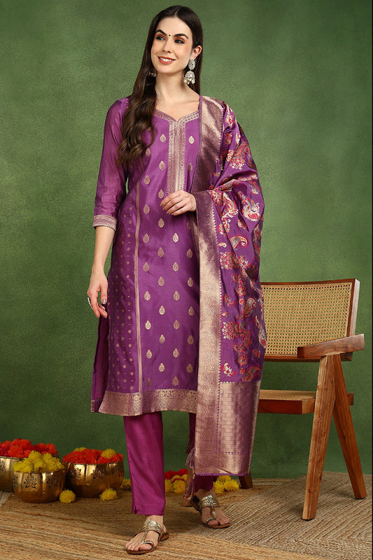 Purple Poly Chanderi Solid Woven Design Straight Suit Set PKSKD2678