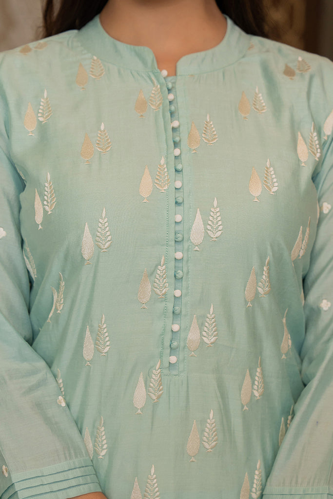 Sea Green Silk Blend Solid Embroidered Straight Suit Set With Trouser Bottom PKSKD2686