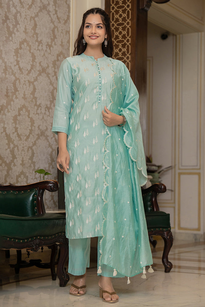 Sea Green Silk Blend Solid Embroidered Straight Suit Set With Trouser Bottom PKSKD2686