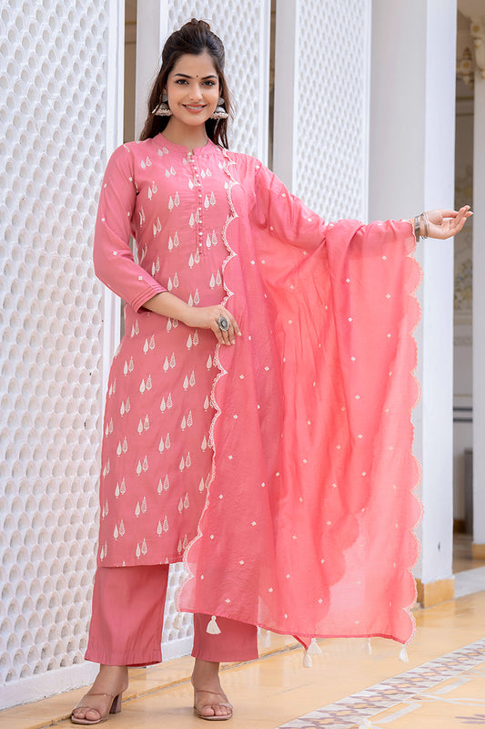 Pink Silk Blend Solid Embroidered Straight Suit Set With Trouser Bottom PKSKD2687