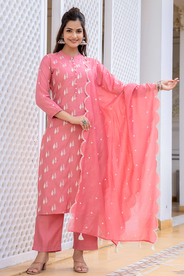 Pink Silk Blend Solid Embroidered Straight Suit Set With Trouser Bottom PKSKD2687